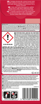 Tył czerwonego opakowania płynu do płukania tkanin, instrukcje i ostrzeżenia, widoczny kod kreskowy, 42 ml.