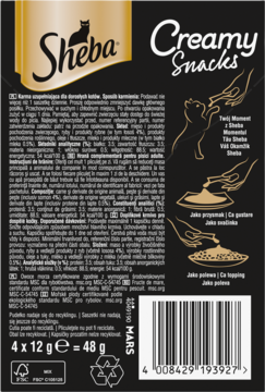 Tył czarnego opakowania Sheba Creamy Snacks dla kota z danymi, kodem kreskowym i złotymi ilustracjami.