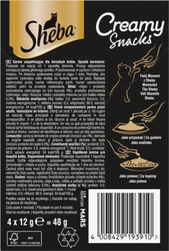 Tył czarnego opakowania Sheba Creamy Snacks dla kota z opisem produktu, ilustracjami dłoni i kodem kreskowym, 4x12g.