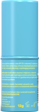 Tył niebieskiego sticka SPF 50 z witaminami C i E, 12g, z polskim opisem składników i użycia.