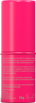 Tył różowego sticka z filtrem SPF 50. Widoczny biały tekst informacyjny o składnikach (witamina C, E) i wadze 12g.