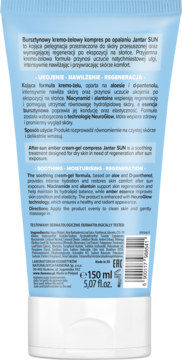Tył jasnoniebieskiej tubki Jantar SUN kompres po opalaniu 150ml. Opis produktu, składniki i kod kreskowy.