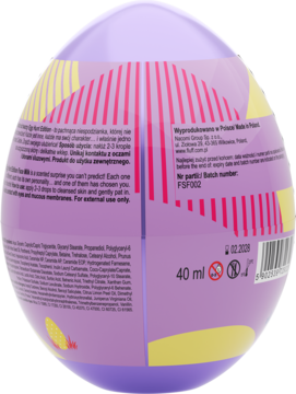 Fioletowe jajko-opakowanie kosmetyku 40 ml, tył z czytelnymi etykietami i datą ważności do 02.2025.