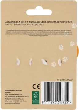 Tył opakowania z 2 zabawkami dla kota: udko kurczaka i pizza. Brązowy kartonik, widoczny kod EAN.