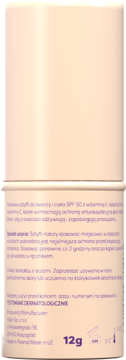Tył beżowego sztyftu do twarzy i ciała SPF 50, 12g, z tekstem o witaminie C i ochronie antyoksydacyjnej.
