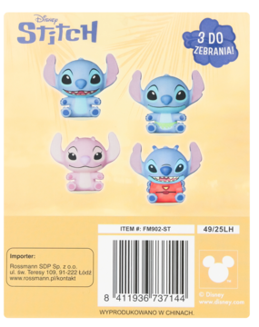 Tył opakowania z figurkami kolekcjonerskimi Disney Stitch, widoczne cztery figurki: dwie niebieskie, jasnoniebieska i różowa.