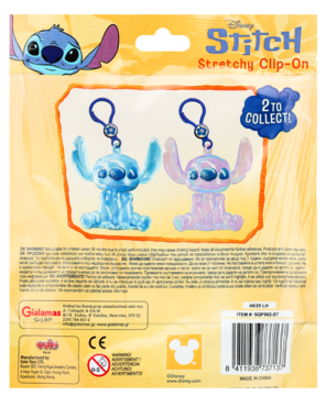 Tył opakowania Disney Stitch Stretchy Clip-On: dwie przezroczyste, rozciągliwe figurki Stitcha (niebieska, różowa) i tekst.
