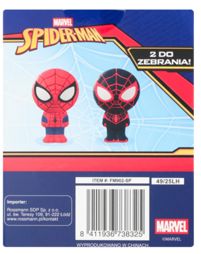 Tył opakowania figurek Marvel Spider-Man. Dwie postaci: klasyczna i Miles Morales. Logo, kod kreskowy, importer Rossmann.