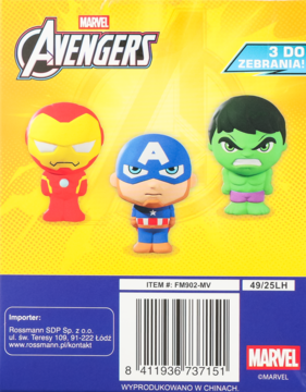 Tył opakowania Marvel Avengers z trzema kolekcjonerskimi figurkami: Iron Manem, Kapitanem Ameryką i Hulkiem, na żółtym tle.