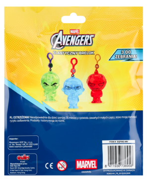 Tył żółto-niebieskiego opakowania Marvel Avengers: plastikowe breloki. Widoczne figurki: zielony Hulk, niebieski, czerwony Iron Man.