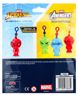 Tył opakowania: elastyczne breloki Marvel Spider-Man i Avengers. Widać czerwonego Spidey'a i kolorowe figurki bohaterów. Ostrzeżenie.