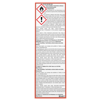 Biała etykieta Glade Peach Paradise, patyczki zapachowe brzoskwinia 50ml, z piktogramami ostrzegawczymi: płomień i wykrzyknik.