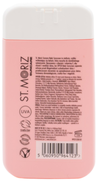 Tył różowej butelki St. Moriz Suncare Body Sunscreen SPF50, z informacjami o składnikach, logo UVA i etykietami vegan.