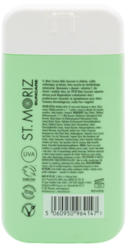 Tył zielonej butelki St. Moriz Suncare Body Sunscreen SPF30, z widoczną etykietą, składem i certyfikatami.
