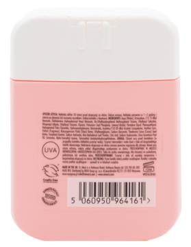 St. Moriz Suncare Face Sunscreen SPF 50, różowy tył opakowania z białą zakrętką, widocznymi napisami i kodem kreskowym.