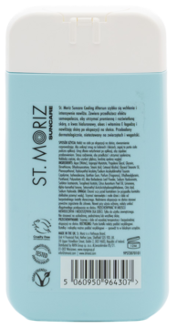 Tył chłodzącego balsamu St. Moriz Suncare w jasnoniebieskiej butelce z polskim tekstem, logo cruelty free i vegan.