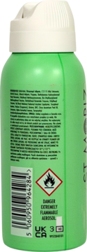 St. Moriz Suncare Sunscreen Face Spray, zielona butelka, tył z listą składników i ostrzeżeniem o łatwopalności.
