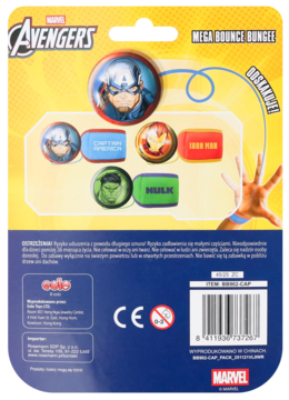 Tył opakowania Marvel Avengers Mega Bounce Bunge. Żółta karta, odznaki z Kapitanem Ameryką, Iron Manem i Hulkiem. Polski tekst, barcode.