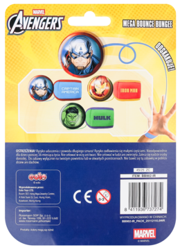 Tył opakowania Avengers Mega Bounce Bungee z odznakami Kapitan Ameryka, Iron Man, Hulk. Kod kreskowy, logo CE, szczegóły produktu.