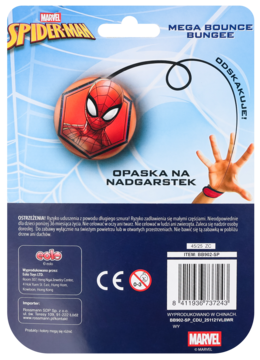 Tył opakowania Spider-Man Mega Bounce Bungee opaski na nadgarstek, niebieskie tło, logo, tekst i kod EAN.