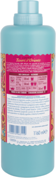 Tesori d'Oriente płyn do płukania, turkusowa butelka, tył z różową etykietą i polskimi instrukcjami.