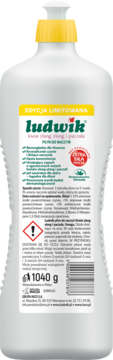 Tył białej butelki Ludwik Płyn do naczyń Edycja Limitowana Ylang Ylang, z informacjami o składzie, ostrzeżeniu i wadze 1040g.
