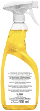 Żółty płyn do czyszczenia w przezroczystej butelce ze spryskiwaczem, tył z etykietą, polski tekst, 600 ml.