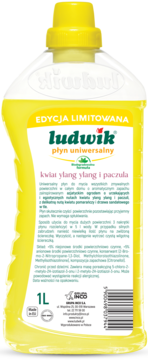 Żółty płyn uniwersalny Ludwik Edycja Limitowana Ylang Ylang i Paczula, butelka 1L, widok z przodu.