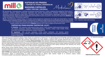 Tył niebieskiej etykiety Mill Mediolan kapsułek do prania + perfum do tkanin, instrukcje, piktogramy.