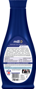 Tył ciemnoniebieskiej butelki MILL Perfumy do Tkanin Mediolan 750ml. Widoczne informacje o produkcie i sposobie użycia.