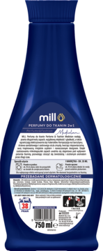 Tył butelki Mill Perfumy do tkanin Mediolan 750ml, ciemnoniebieska z białą etykietą, widoczne instrukcje.