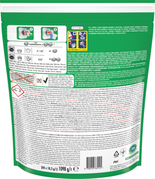 Tył zielonego opakowania kapsułek do prania Ariel Allin1 PODS Mountain Spring z instrukcjami i ostrzeżeniami.