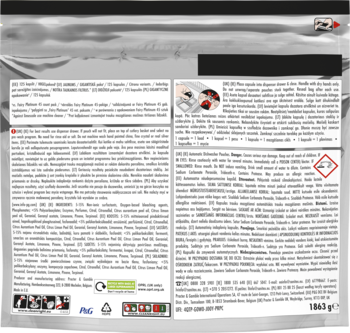 Tył srebrnego opakowania Fairy Platinum All in One z tabletkami do zmywarki, szczegóły i ostrzeżenia.