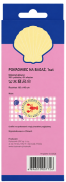 Różowy pokrowiec na bagaż Rossmann, tył opakowania z żółtą muszlą, opis poliester/elastan i rozmiar 60x85 cm.
