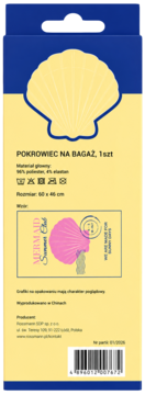 Tył opakowania pokrowca na bagaż Rossmann: żółte tło, niebieskie paski, duża żółta muszla, tekst z materiałem, rozmiarem i kodem kreskowym.