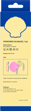 Front opakowania pokrowca na bagaż Rossmann, beżowo-niebieskie, z grafiką muszli i wzorem "Mermaid Summer Chill".