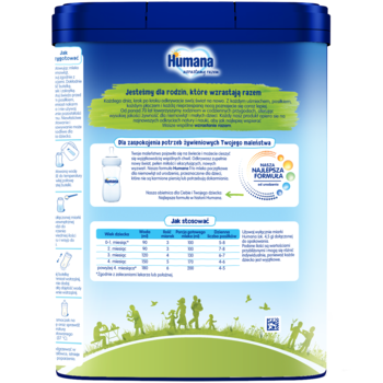 Niebieska puszka Humana 1, mleko początkowe. Tył opakowania z polskim opisem, tabelą i grafiką 5HMO oraz żelaza.