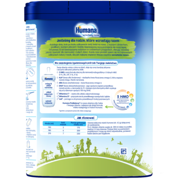 Tył niebieskiej puszki Humana mleka dla niemowląt z detalami składu, jak HMO i DHA, oraz tabelami odżywczymi.