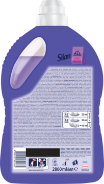 Tył fioletowej butelki skoncentrowanego płynu Silan do zmiękczania tkanin z czytelnym opisem i kodem kreskowym.