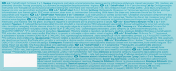 Biały tekst na jasnoniebieskim tle, szczegółowy opis tamponów o.b. ExtraProtect, 100% ochrony.
