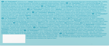 Ulotka z opisem tamponów o.b. ProComfort™ na jasnoniebieskim tle, drobnym tekstem i białym miejscem na logo.