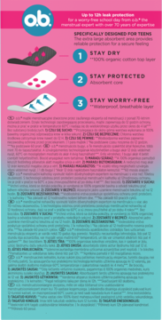 Tył różowo-turkusowego opakowania o.b. majtek menstruacyjnych dla nastolatek z ilustracjami warstw.