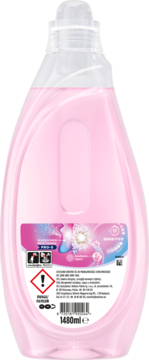 Tył różowego żelu do prania Coccolino Wonder Wash Sensitive 1480ml, widoczna etykieta z ostrzeżeniami.