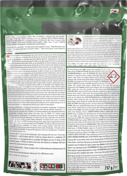 Tył zielonej torebki tabletek Fairy Original All in One z tekstem, instrukcjami i czerwonym symbolem ostrzegawczym.