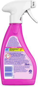 Tył różowego środka czyszczącego w sprayu 250ml, z etykietami, ostrzeżeniami i kodem kreskowym.