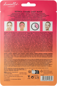 Tył opakowania maski Danielle Creations Ombre Sheet Mask z retinolem, gradient różowo-pomarańczowy.