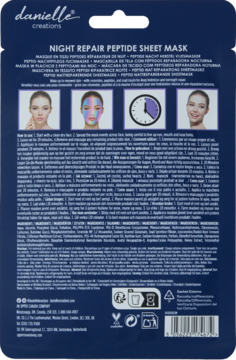 Tył opakowania maski w płachcie Danielle Creations Night Repair Peptide Sheet Mask, ciemnoniebieskie tło.