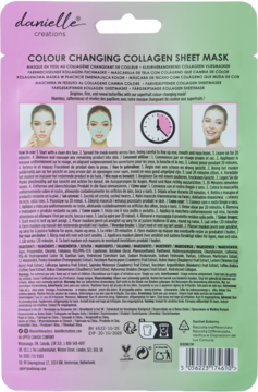 Tył opakowania maski Danielle Creations Colour Changing Collagen Sheet Mask, instrukcje, ikony, gradientowe tło.