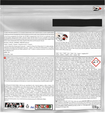 Tył srebrnego opakowania Fairy Platinum Plus do zmywarki 1218g, z opisem, symbolami ostrzegawczymi i ikonami użycia.