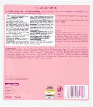 Tył opakowania hydrożelowej maski na noc ISANA Glaze Yourself ze składem i różowym tłem.